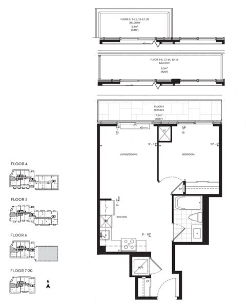 Floor plan for 1 bed, 1 bath, 518 sqft